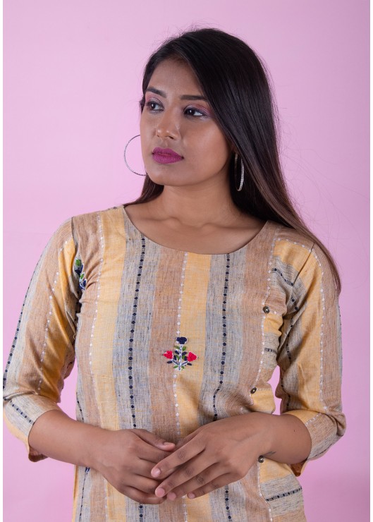  Yellow A line Kurti with Threadwork