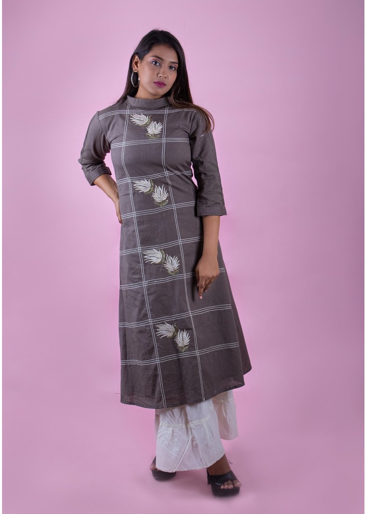 eloria Women's Fashion Solid Kurti In Mandarin Collar Neck Design, Fabric :  Cotton, Color : Grey, Size : Large - Walmart.com